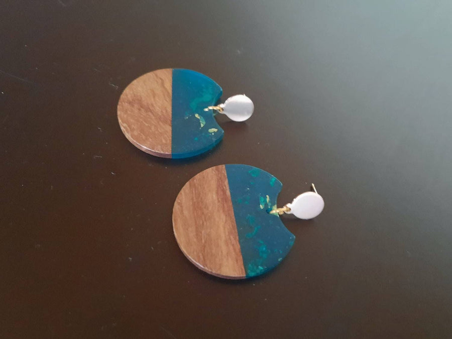 Light blue wooden earrings / studs round, circles of walnut wood and synthetic resin with triangles, handmade hanging earrings, Germany, 6 cm