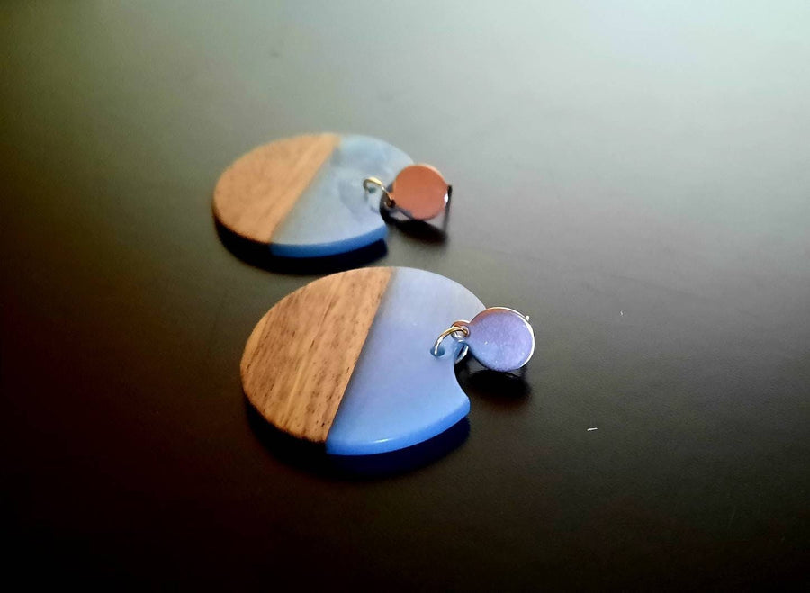 Light blue wooden earrings / studs round, circles of walnut wood and synthetic resin with triangles, handmade hanging earrings, Germany, 6 cm