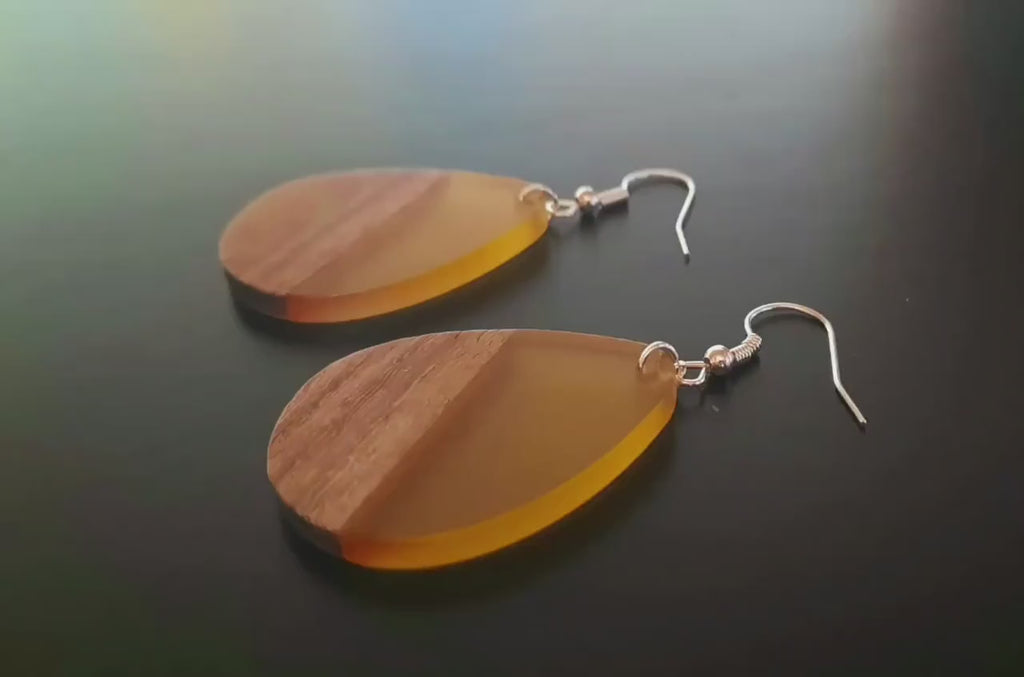 Transparent-yellow wooden earrings, teardrop-shaped made of walnut wood, synthetic resin and real wood, handmade earrings from Germany, 5 cm, yellow