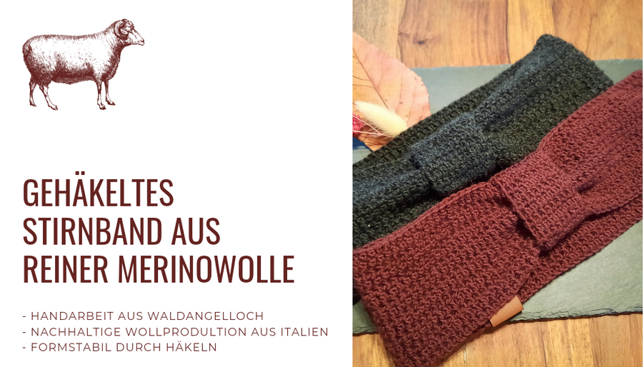 Hellblaues, gehäkeltes Stirnband als Twist oder in Schleifenoptik, verschiedene Farben, 100% Merinowolle, nachhaltig, handgemacht, veganes Label in Lederoptik