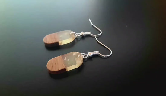 Silver wooden earrings, oval hanging earrings made of real walnut wood, synthetic resin and silver foil, handmade earrings from Germany, 3 cm