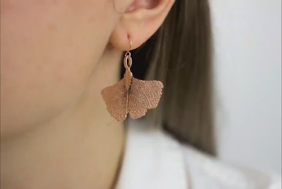 Rose gold jewelry set, genuine ginkgo leaves, necklace, earrings with filigree leaves, rose gold, Germany, handmade, gingko leaf