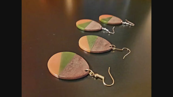 Orange-green, black-white, green-olive Wooden earrings in round shape with triangles, walnut wood, resin, handmade, earrings from Germany