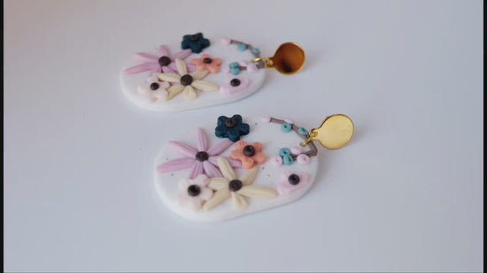 White polymerclay earrings with colorful flowers (orange, blue, pink) and golden studs, handmade, Germany, 6 cm, creamy white