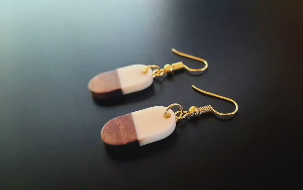 White-brown wooden earrings, oval hanging earrings made of walnut wood and white synthetic resin, handmade earrings, Germany, wooden jewelry, 3 cm