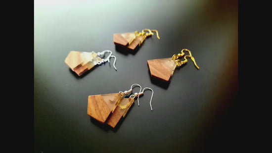 Gold-transparent wooden earrings, shape of dragon squares, walnut wood, resin and gold foil, new handmade earrings, Germany, 4 cm