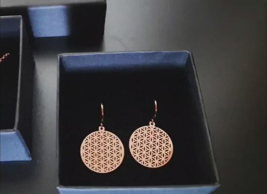 Jewelry Set Flower of Life rose gold, Hette and earrings in rose gold gilded, rose golden flower of life flattined, handmade Germany