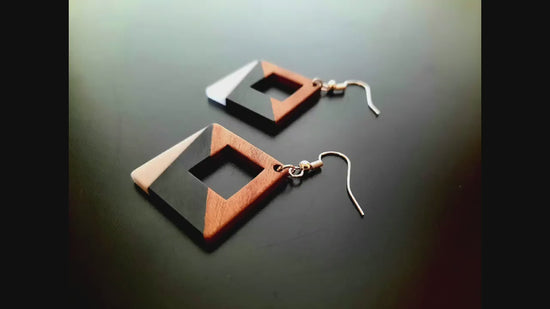 Black-orange, black-grey wooden earrings in square shape with hole and triangles, walnut wood, resin, handmade, Germany, 4 cm