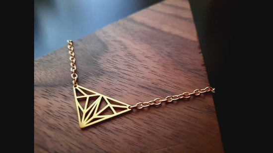 Golden triangles on necklace, chain with metal pendant, origami style, delicate link chain, 40-60 cm, handmade, Germany, new