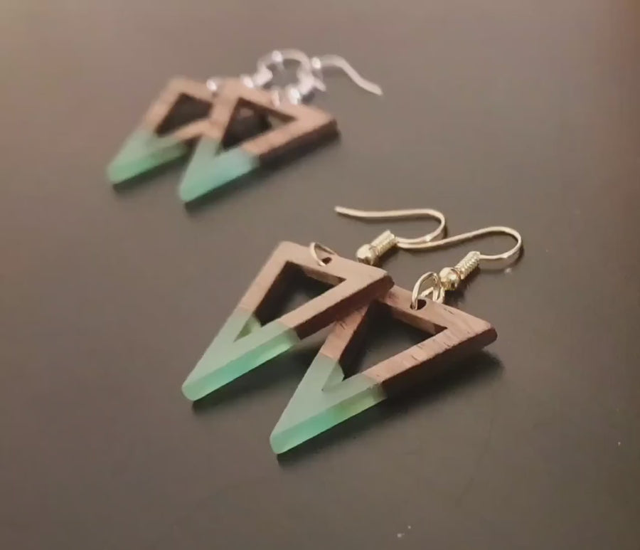 Turquoise-light blue wooden earrings, shape of triangles with hole, walnut wood and resin, new, handmade earrings from Germany, 4 cm, blue