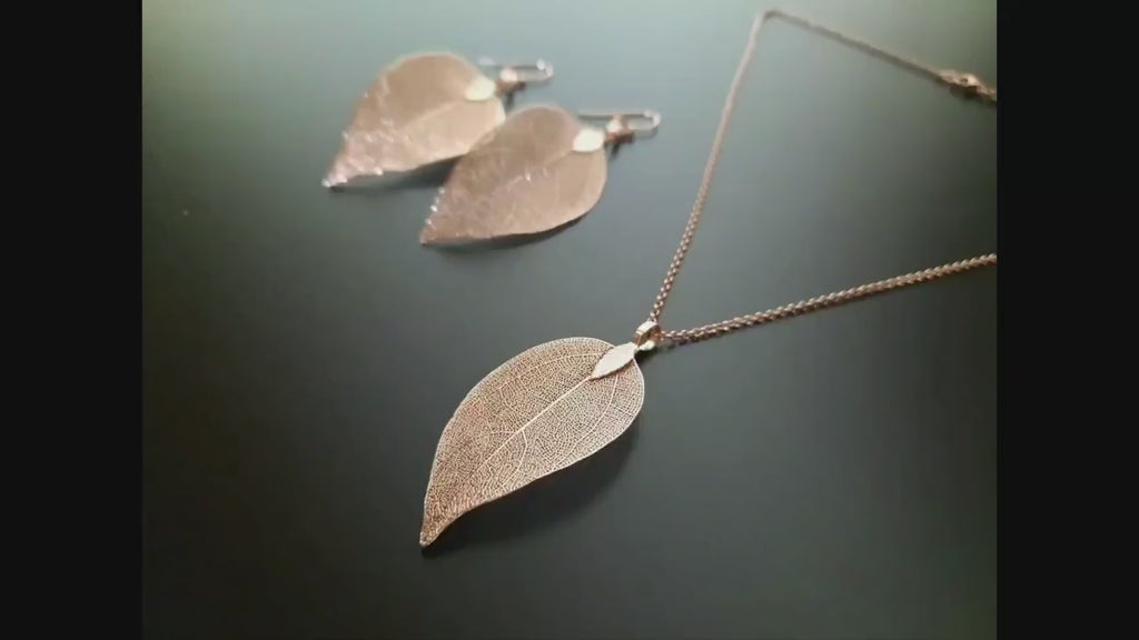 Rose gold jewelry set, leaf earrings and necklace, real leaves in rose gold gold-plated, hanging earrings and necklace with filigree leaves