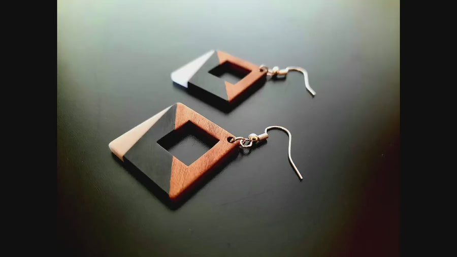 Black-grey, black-orange wooden earrings in square shape with hole and triangles, walnut wood, resin, handmade, Germany, 4 cm