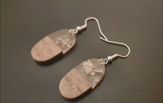 Silver-transparent wooden earrings with silver foil, walnut wood and synthetic resin, hanging earrings, earrings, Germany, 3 cm, handmade, unique