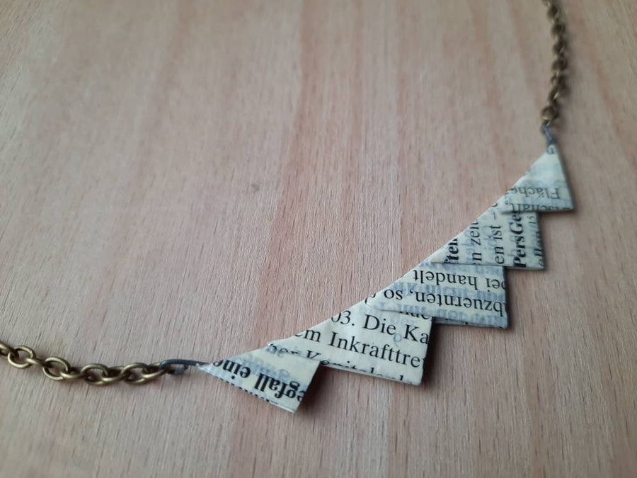 Symmetrical paper chain with paragraphs, bronze arbering link chain with triangular, white paper pendant, new, folded by hand