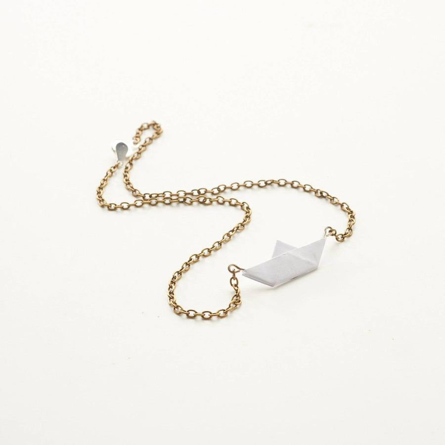 Dark grey paper boat, paper chain, bronze/ gold/ silver color link necklace, monochrome, folded paper ship, sail, handmade