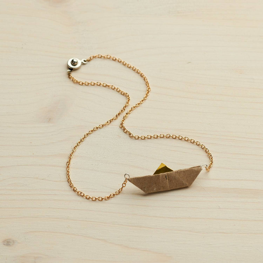 Beige paper boat, paper chain, bronze/ gold/ silver color link chain, monochrome, folded paper ship, sail, handmade,new