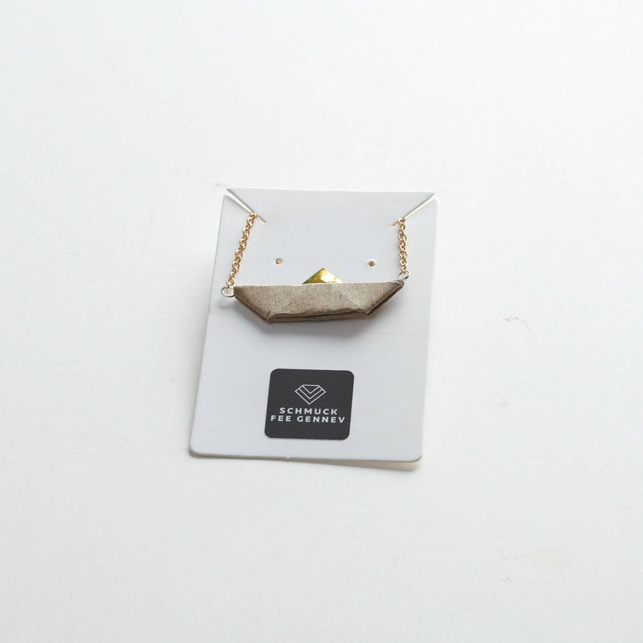 Beige paper boat, paper chain, bronze/ gold/ silver color link chain, monochrome, folded paper ship, sail, handmade,new