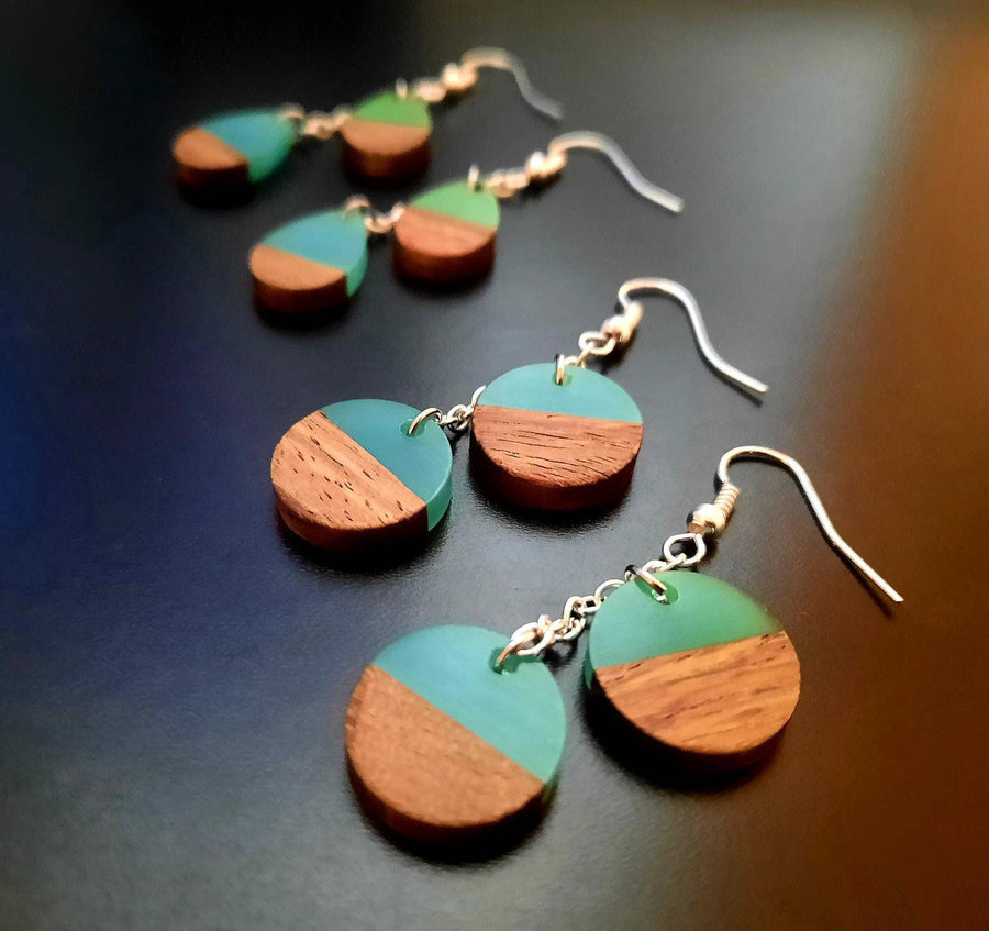 Black wooden earrings, various shapes & colors (round, tear-shaped), walnut wood and synthetic resin, handmade earrings, from Germany