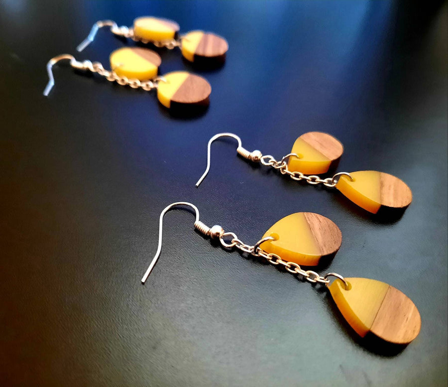 Black wooden earrings, various shapes & colors (round, tear-shaped), walnut wood and synthetic resin, handmade earrings, from Germany