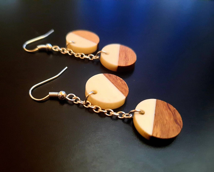 Black wooden earrings, various shapes & colors (round, tear-shaped), walnut wood and synthetic resin, handmade earrings, from Germany