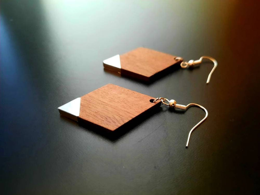 Square wooden earrings in bronze, gold and silver, beige and dark brown, walnut wood and gold foil, handmade earrings, Germany