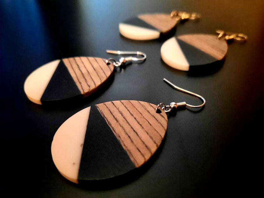 Orange-green, black-white, green-olive Wooden earrings in round shape with triangles, walnut wood, resin, handmade, earrings from Germany