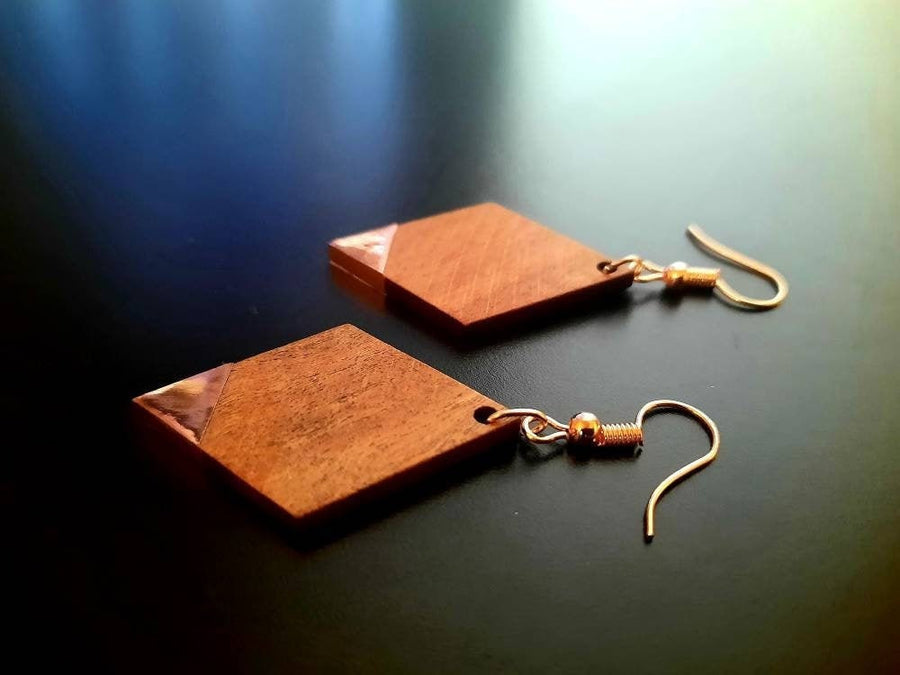 Square wooden earrings in bronze, gold and silver, beige and dark brown, walnut wood and gold foil, handmade earrings, Germany