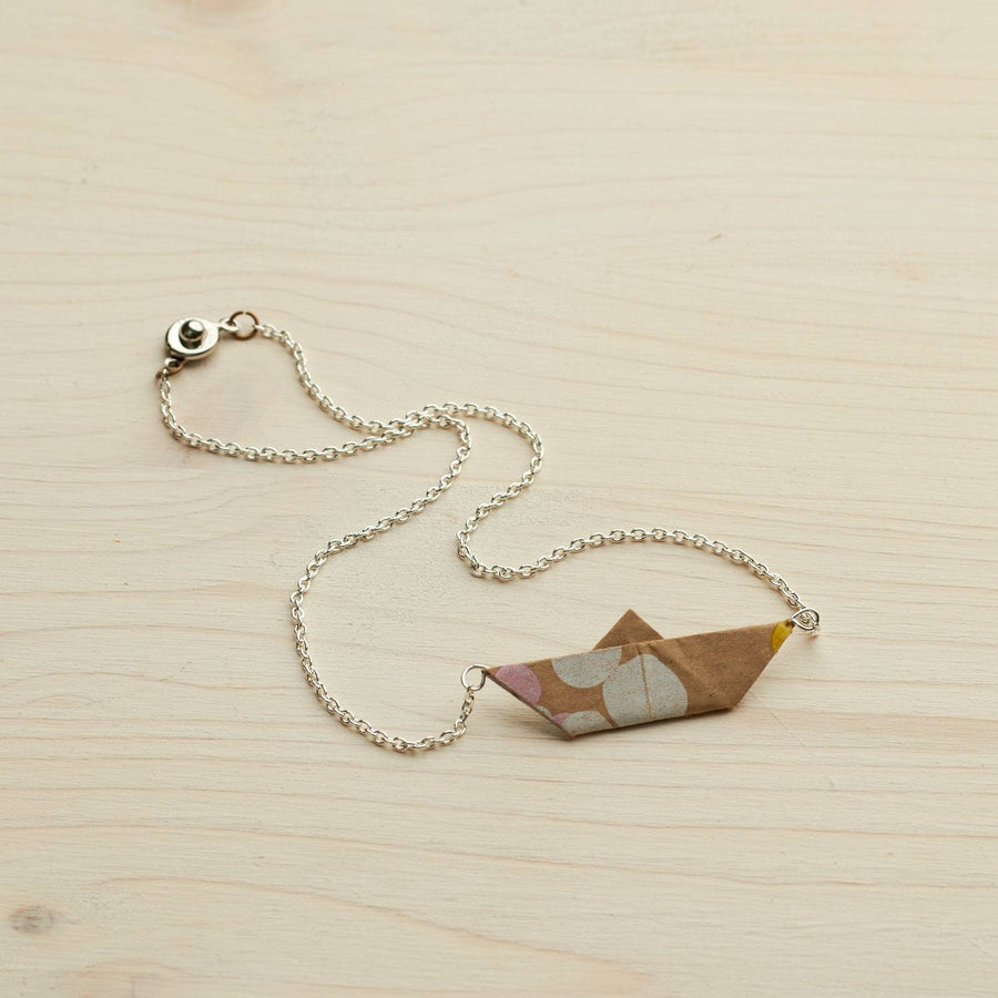 Beige paper boat, paper chain, bronze/ gold/ silver color link chain, monochrome, folded paper ship, sail, handmade,new