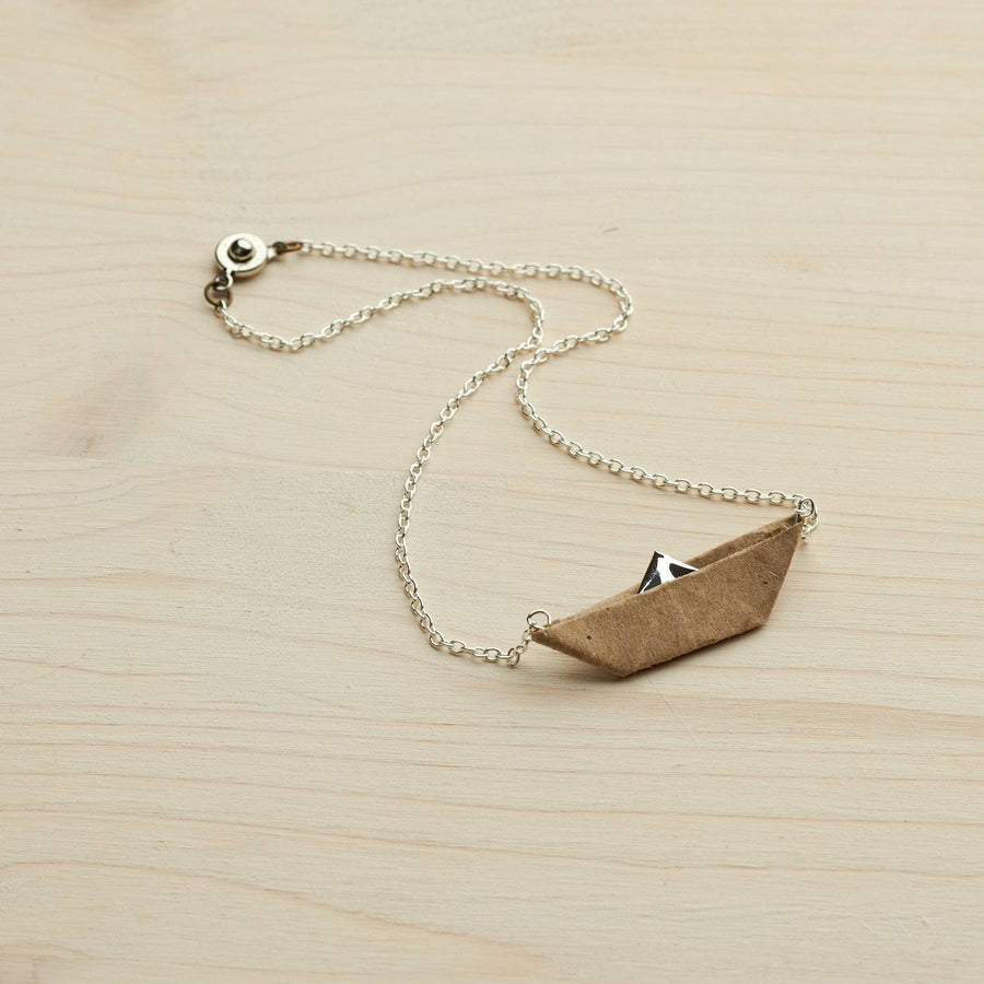 Beige paper boat, paper chain, bronze/ gold/ silver color link chain, monochrome, folded paper ship, sail, handmade,new