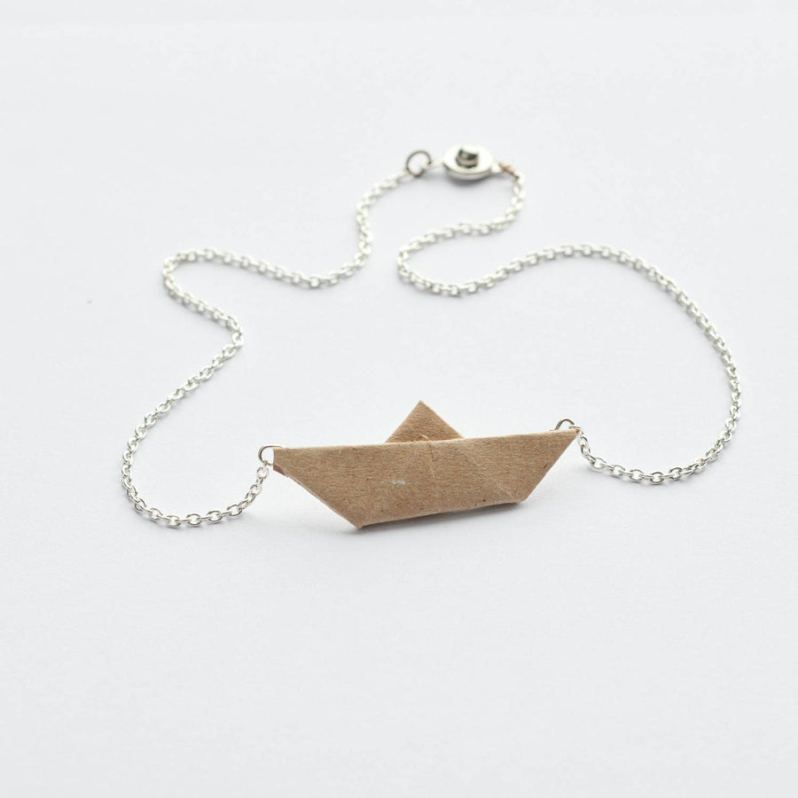 Beige paper boat, paper chain, bronze/ gold/ silver color link chain, monochrome, folded paper ship, sail, handmade,new