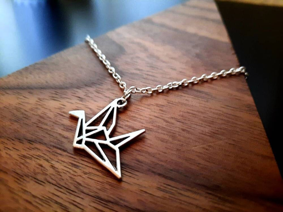 Silver crane, origami necklace, metal pendant, fine link necklace, silver coloured, 40-60 cm, handmade, Germany, new