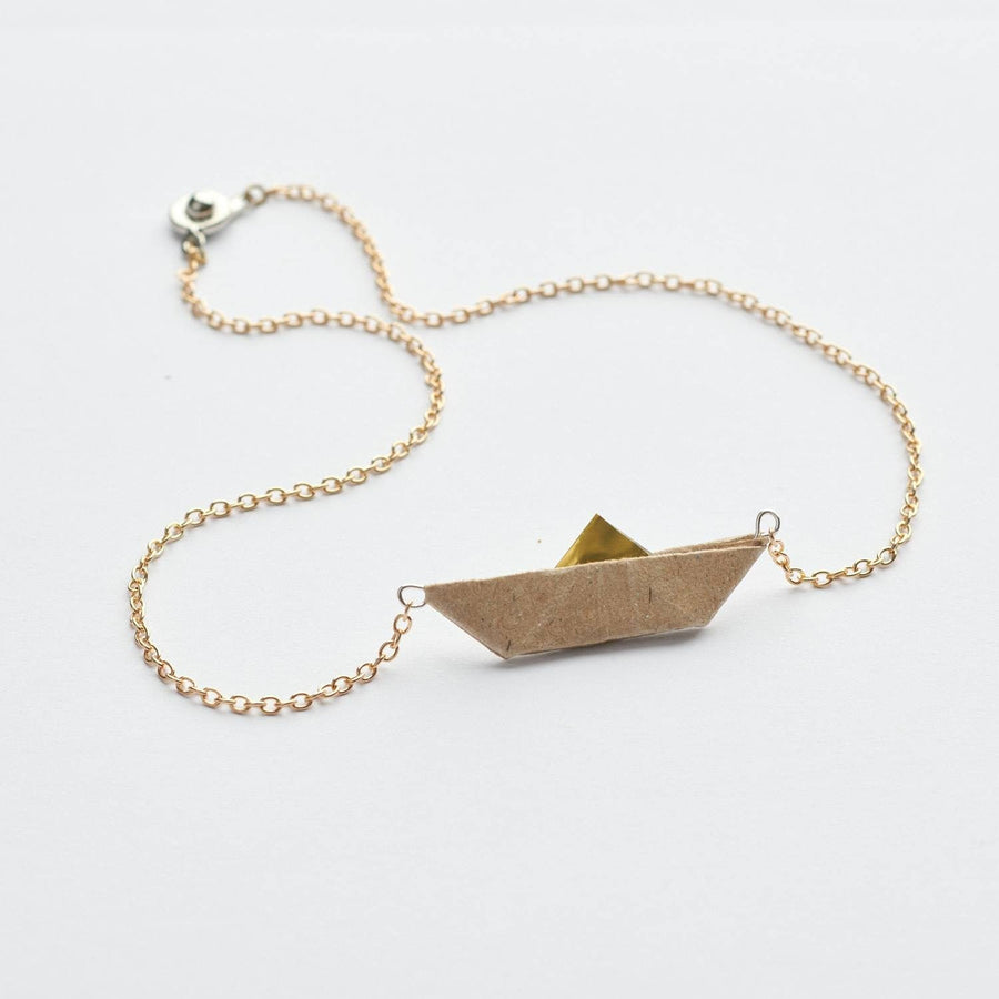 Beige paper boat, paper chain, bronze/ gold/ silver color link chain, monochrome, folded paper ship, sail, handmade,new