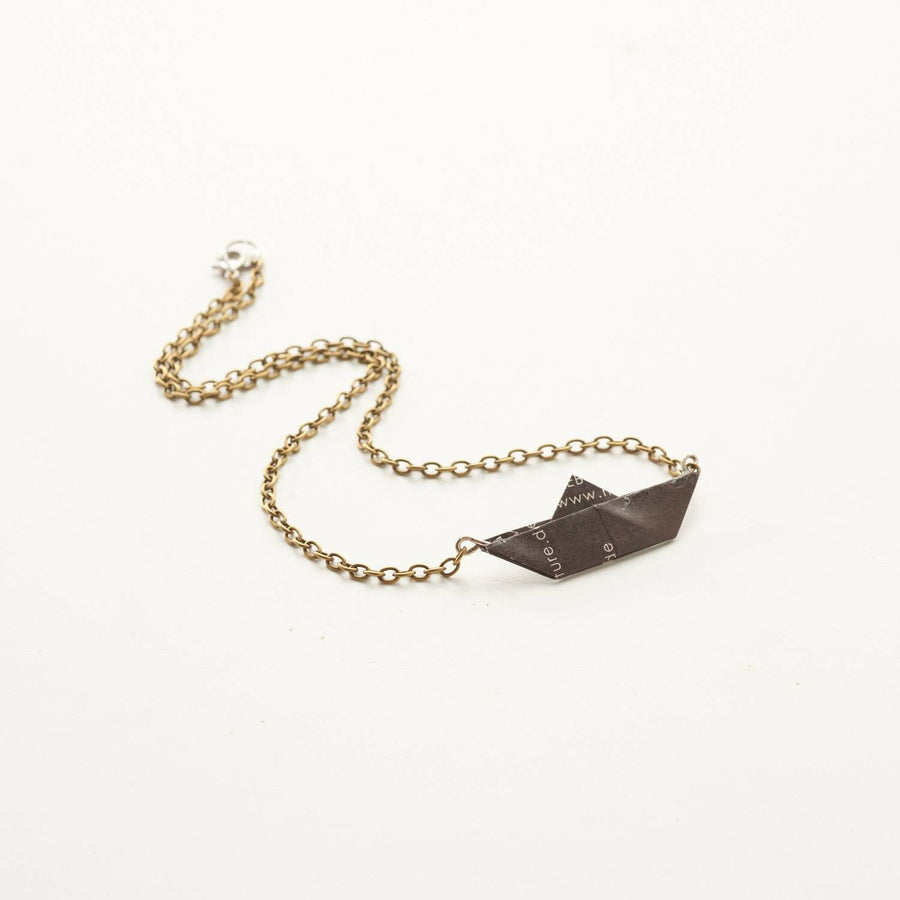 Dark grey paper boat, paper chain, bronze/ gold/ silver color link necklace, monochrome, folded paper ship, sail, handmade