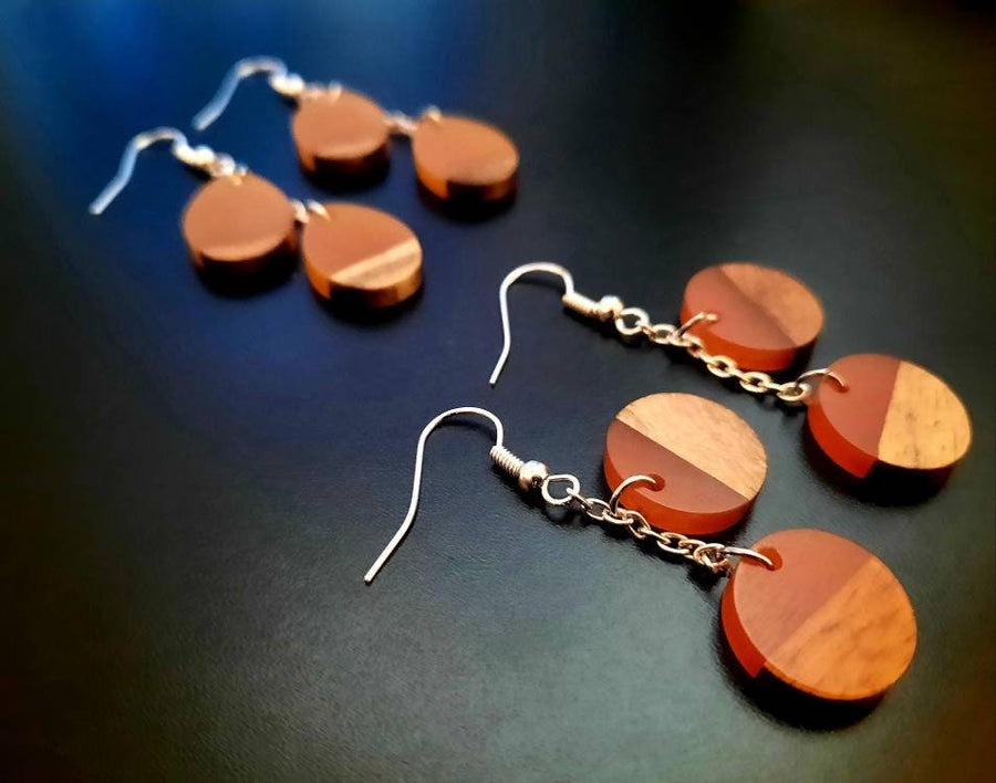 Black wooden earrings, various shapes & colors (round, tear-shaped), walnut wood and synthetic resin, handmade earrings, from Germany