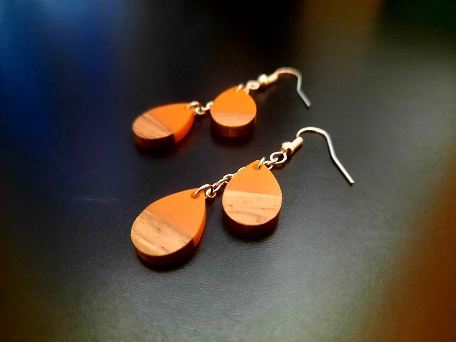 Black wooden earrings, various shapes & colors (round, tear-shaped), walnut wood and synthetic resin, handmade earrings, from Germany