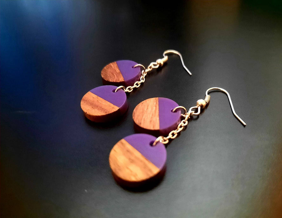 Black wooden earrings, various shapes & colors (round, tear-shaped), walnut wood and synthetic resin, handmade earrings, from Germany