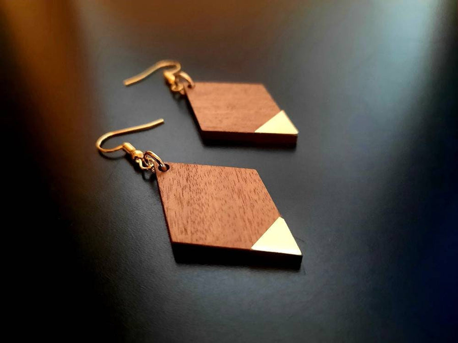 Square wooden earrings in bronze, gold and silver, beige and dark brown, walnut wood and gold foil, handmade earrings, Germany