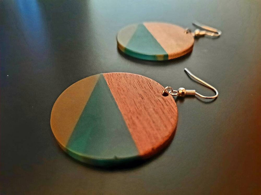 Black and white, green-olive, orange-green, wooden earrings in round shape with triangles, walnut wood, resin, new, handmade, Germany, 5 cm