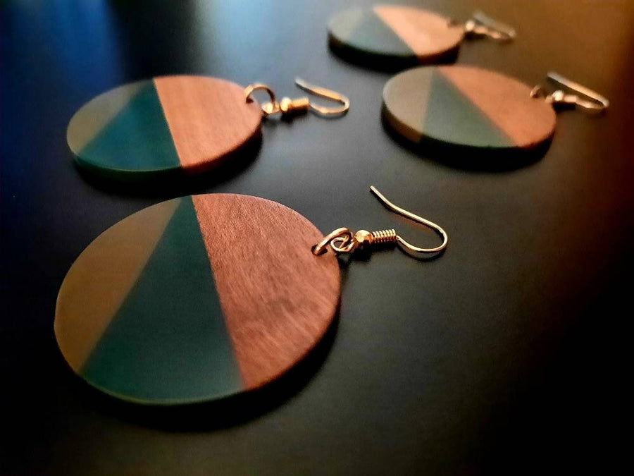 Black and white, green-olive, orange-green, wooden earrings in round shape with triangles, walnut wood, resin, new, handmade, Germany, 5 cm