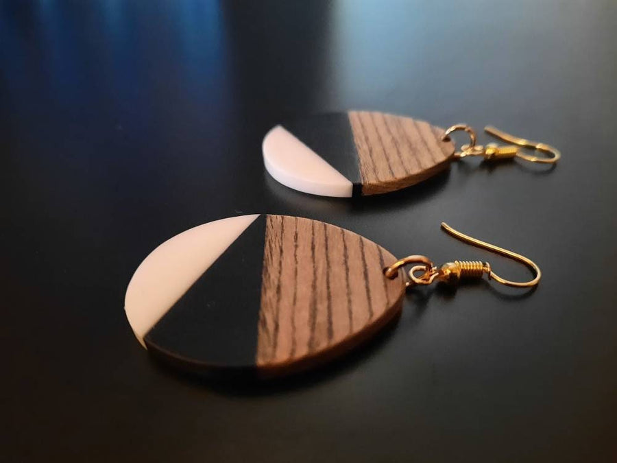 Orange-green, black-white, green-olive Wooden earrings in round shape with triangles, walnut wood, resin, handmade, earrings from Germany