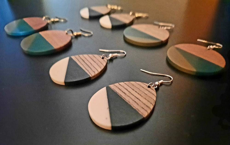 Orange-green, black-white, green-olive Wooden earrings in round shape with triangles, walnut wood, resin, handmade, earrings from Germany