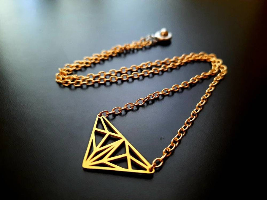 Golden triangles on necklace, chain with metal pendant, origami style, delicate link chain, 40-60 cm, handmade, Germany, new