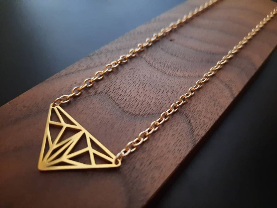 Golden triangles on necklace, chain with metal pendant, origami style, delicate link chain, 40-60 cm, handmade, Germany, new