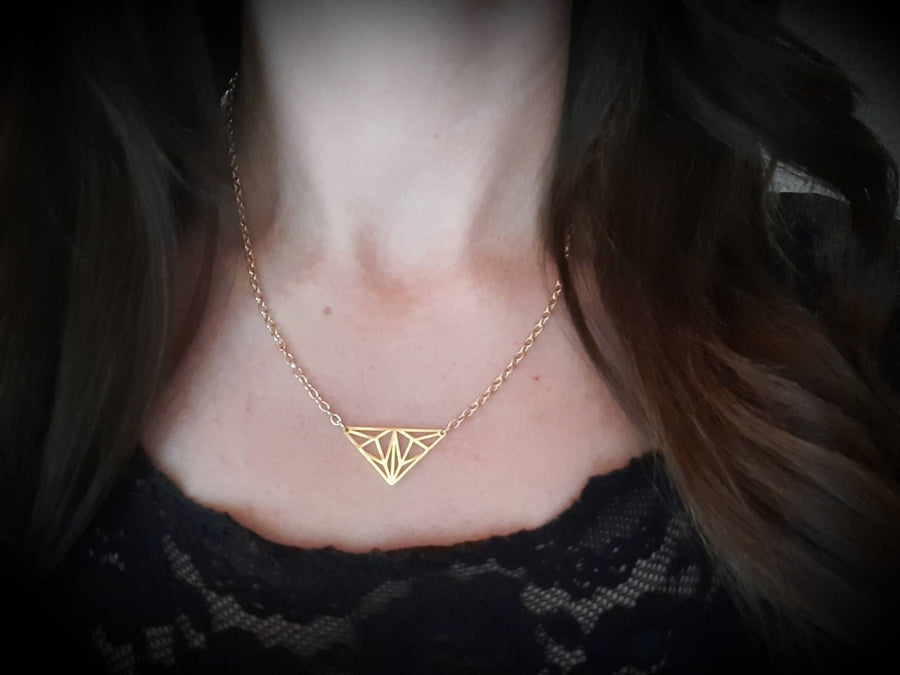 Golden triangles on necklace, chain with metal pendant, origami style, delicate link chain, 40-60 cm, handmade, Germany, new