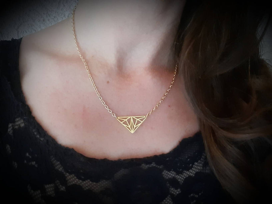 Golden triangles on necklace, chain with metal pendant, origami style, delicate link chain, 40-60 cm, handmade, Germany, new