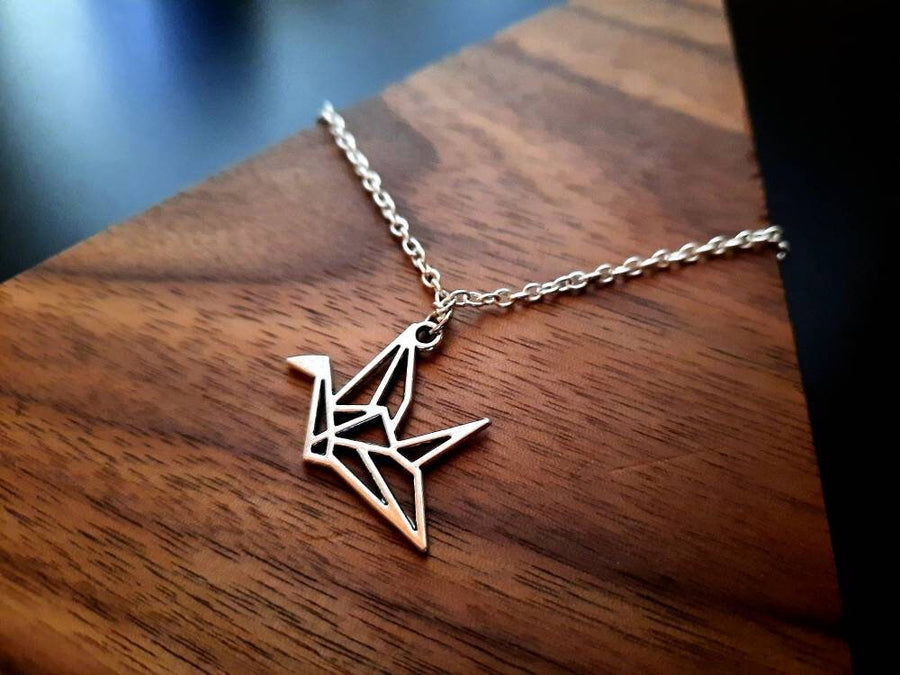 Silver crane, origami necklace, metal pendant, fine link necklace, silver coloured, 40-60 cm, handmade, Germany, new