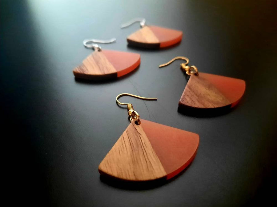 Dark green-brown wooden earrings, shape of fans, walnut wood and synthetic resin, new, handmade earrings, Germany, nickel-free, 5 cm