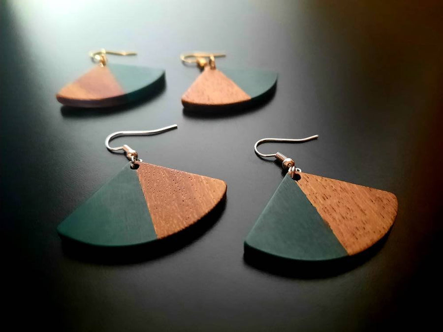 Red/ coral wooden earrings in the form of fans made of walnut wood & colored resin, handmade earrings, Germany, also nickel-free,5 cm