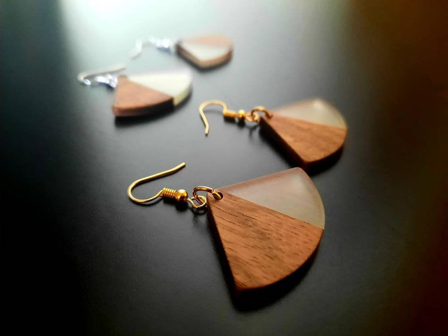 Red/ coral wooden earrings in the form of fans made of walnut wood & colored resin, handmade earrings, Germany, also nickel-free,5 cm