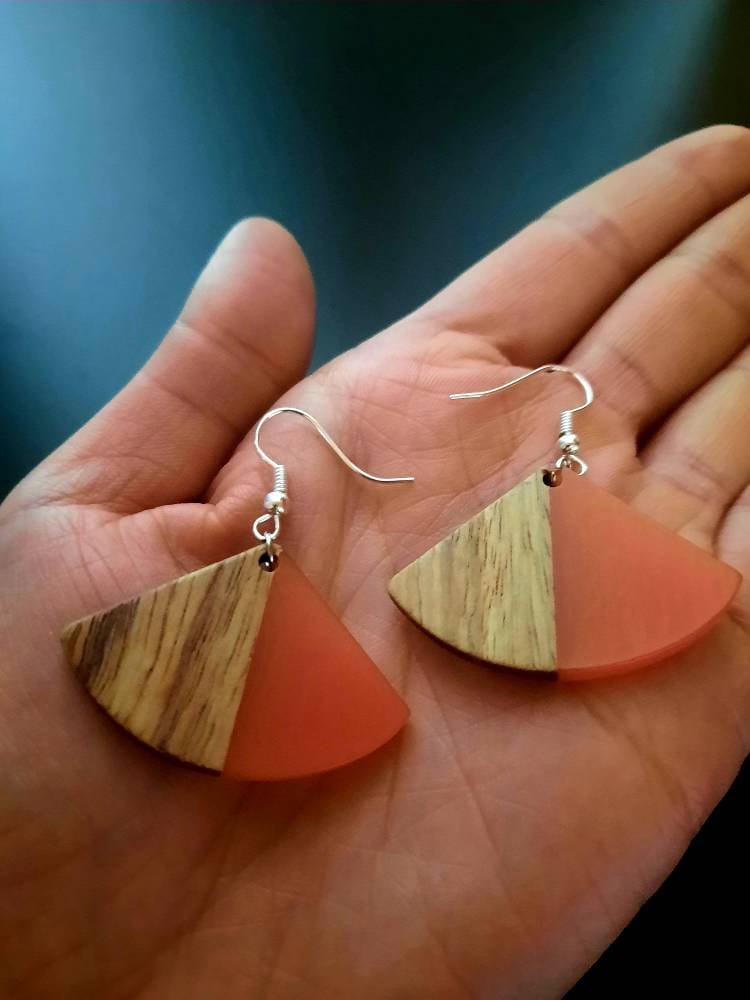 Red/ coral wooden earrings in the form of fans made of walnut wood & colored resin, handmade earrings, Germany, also nickel-free,5 cm